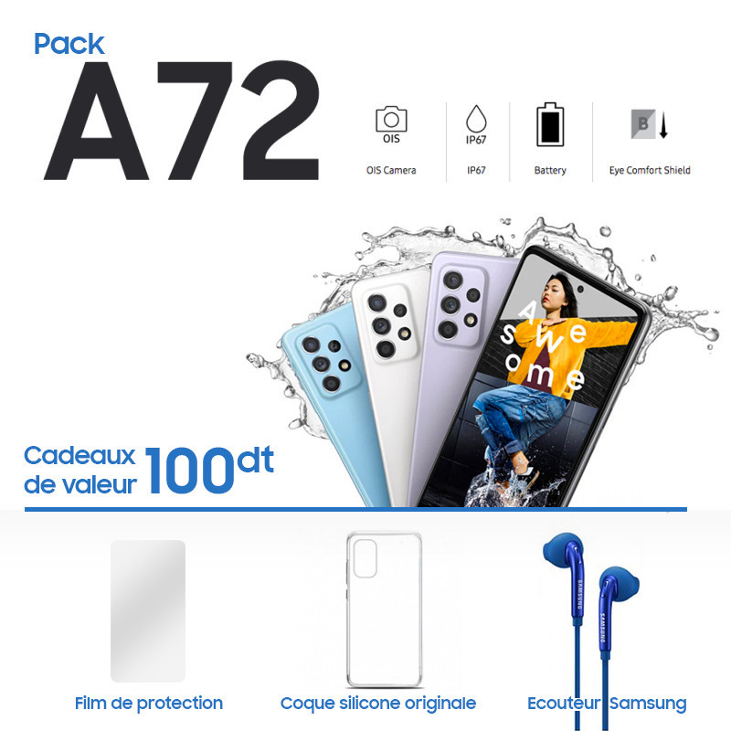 Galaxy A72 4G + Écouteur SAMSUNG + Film Protection Pro prix tunisie