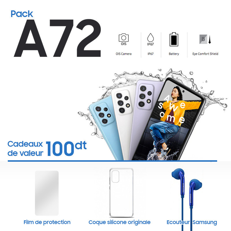 Galaxy A72 4G + Écouteur SAMSUNG + Film Protection Pro prix tunisie Galaxy A72 4G + Écouteur SAMSUNG + Film Protection Pro prix tunisie
